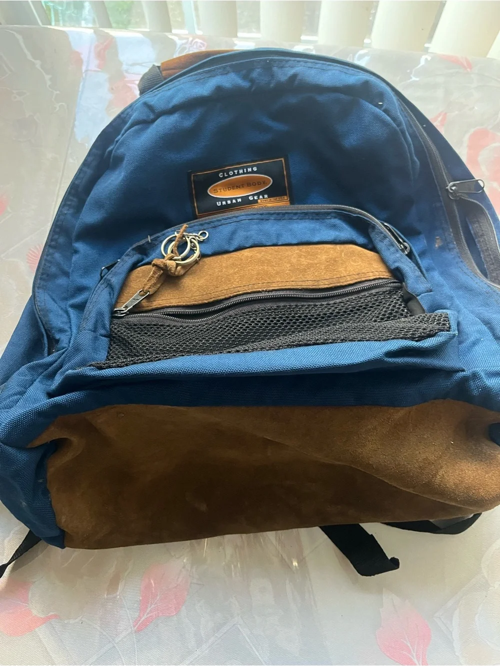 Urban Outfitters Blue and Brown Canvas Backpack with Black Mesh Pocket